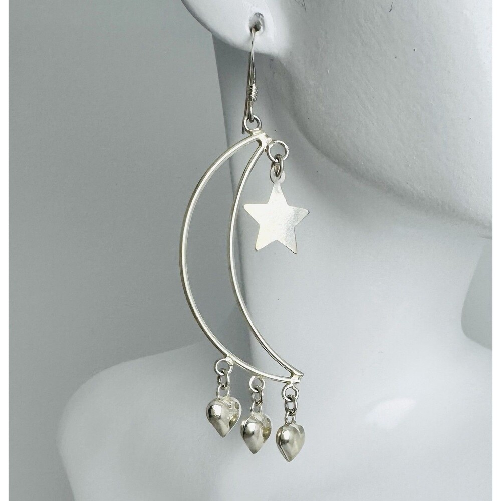 Sterling Silver Moon Star Dangle Earrings Celestial Hearts 2.5 Inch